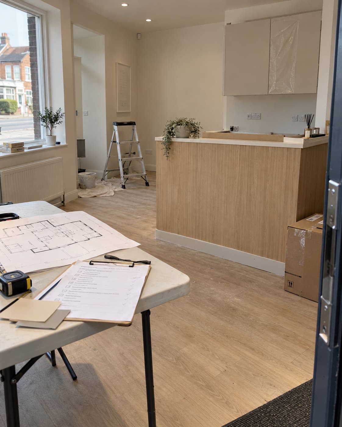 A reception desk and treatment room mid fit out, with floor plans and a checklist on a site table